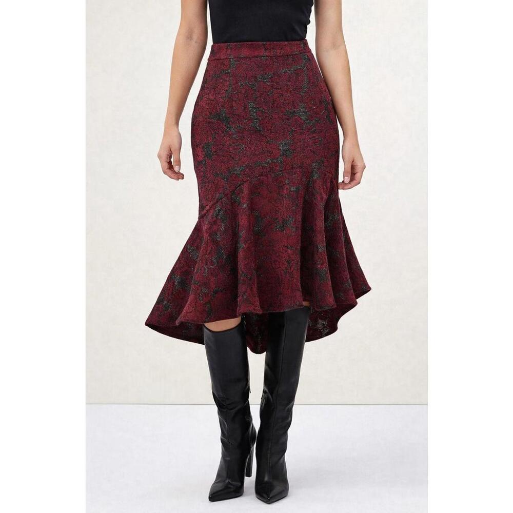 NWT Rachel Parcell Metallic Floral Jacquard Fit & Flare Skirt Deep Red Size 0